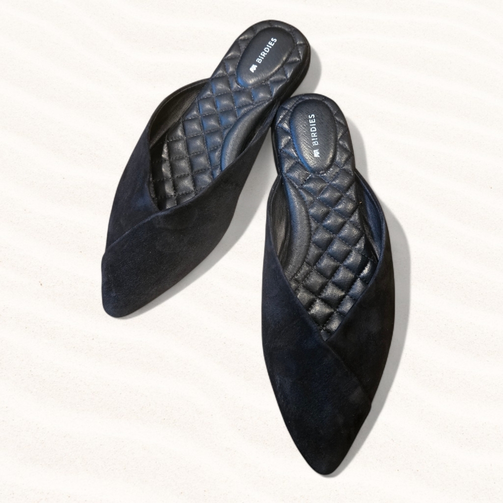 Birdies The Swan Black Suede Mules Shoes Women Size 7
